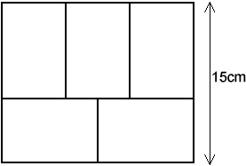 5 like rektangler satt sammen til et stort rektangel. Tre stående smårektangler utgjør øverste del av det store rektangelet, og to liggende rektangler utgjør den nederste delen. Bredden på det store rektangelet er 15 cm.